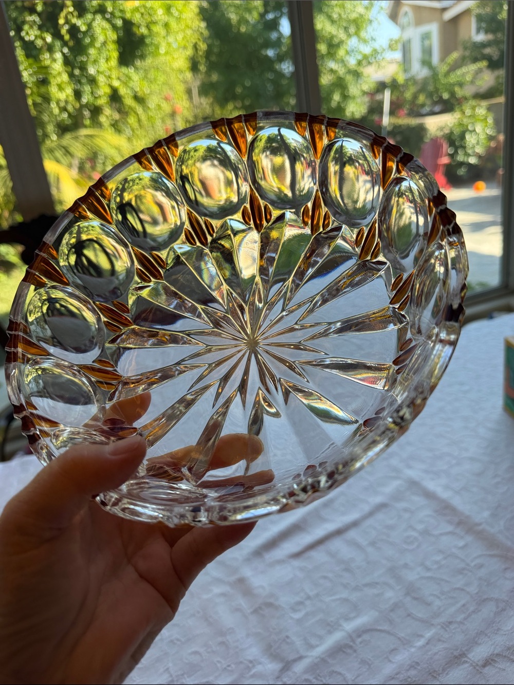 8.25” Vintage German Crystal Decorative Bowl with Amber Accents - Picture 7 of 11